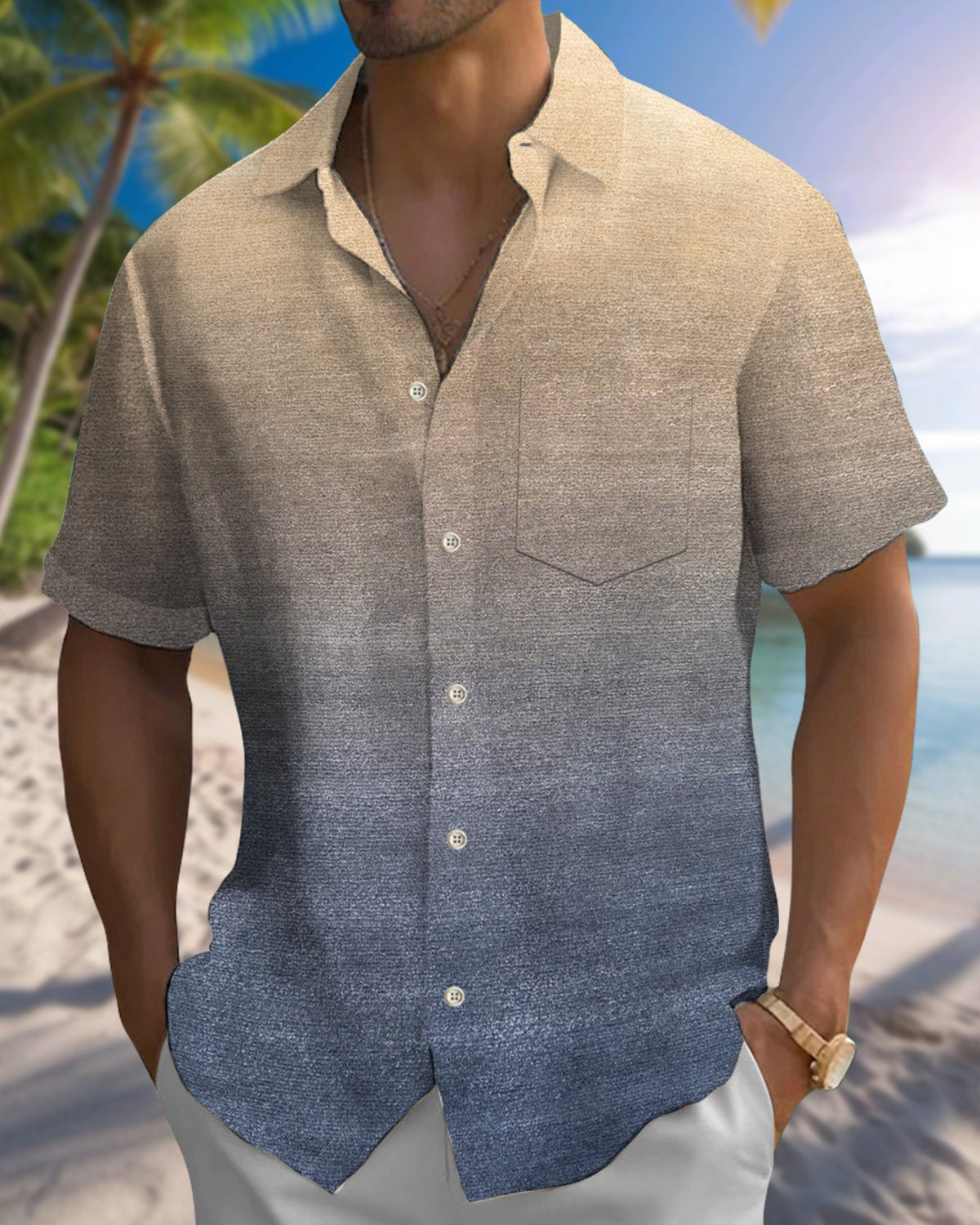 Alohadaddy® Casual Ombre Printed Pocket Elastic Button Men's Long Sleeve Shirt Big & Tall