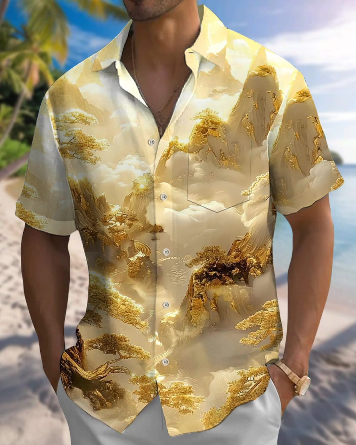 Alohadaddy® Vintage Landscape Art Print Pocket Elastic Button Men's Short Sleeve Shirt Big & Tall