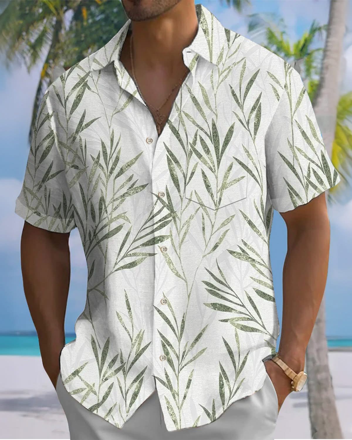 Alohadaddy® Casual Leaf Print Pocket Elastic Button Men's Short Sleeve Shirt Big & Tall