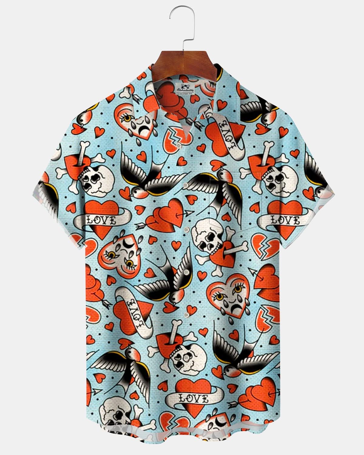 Alohadaddy® Vintage Skull & Bird Art Print Art Pocket Button Stretch Men's Short-Sleeve Shirt Big & Tall