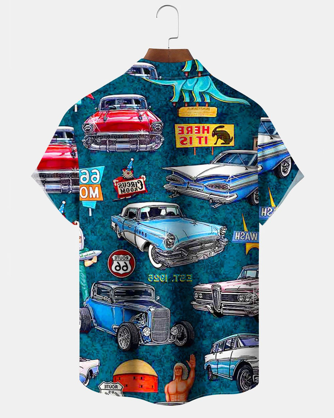 Alohadaddy® Vintage Route 66 Classic Car Art Print Stretch Button Pocket Men&