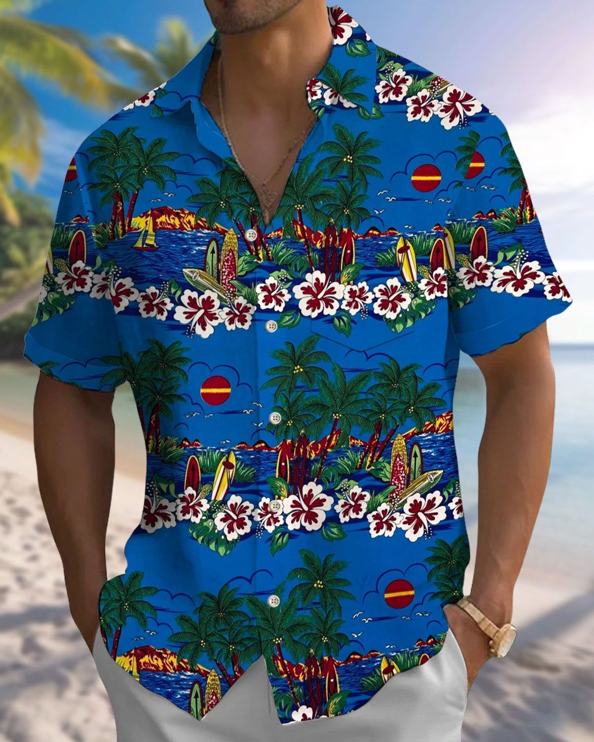 Alohadaddy® Hawaiian Beach Vacation Print Art Pocket Button Stretch Men's Short Sleeve Shirt Big & Tall