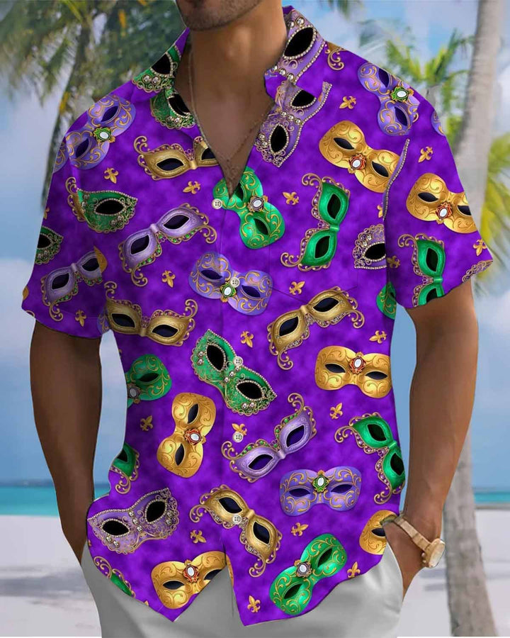 Alohadaddy® Holiday Carnival Mask Print Art Pocket Button Cardigan Men&