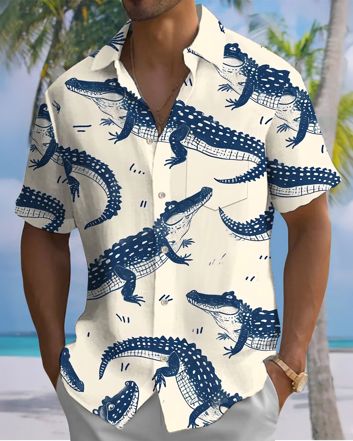 Alohadaddy® Casual Crocodile Print Art Button Pocket Cardigan Men's Short Sleeve Shirt Big & Tall