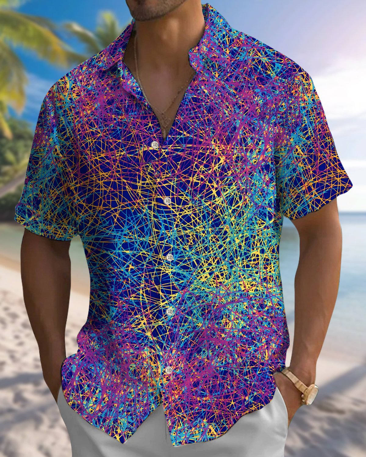 Alohadaddy® Men's Short-Sleeve Button-Down Shirt  Vintage Abstract Print with Pocket