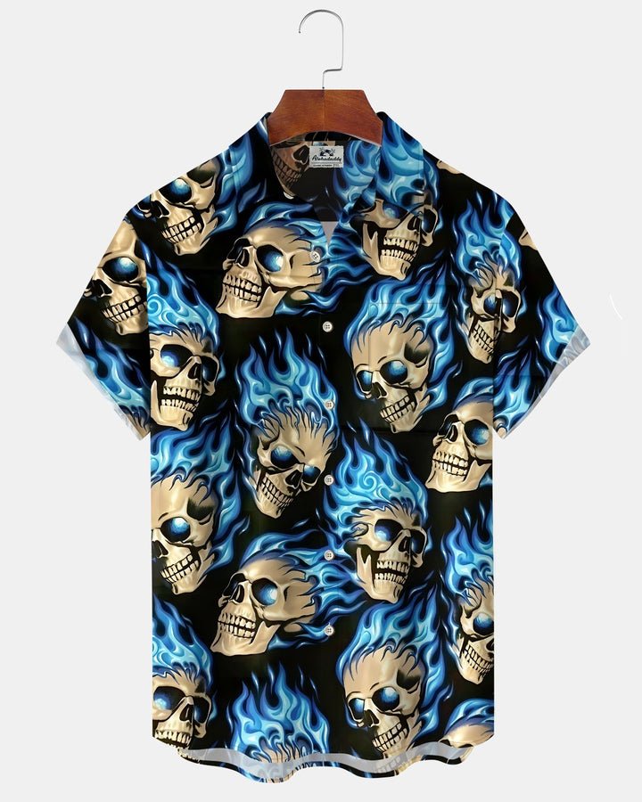 Alohadaddy® Holiday Skull Halloween Print Button-Down Pocket Cardigan-Style Men&