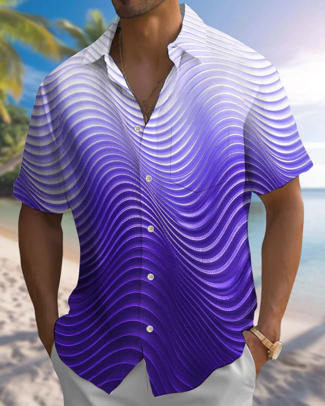 Alohadaddy® Men’s Short-Sleeve Casual Shirt Striped Art-Print Button-Down with Pocket