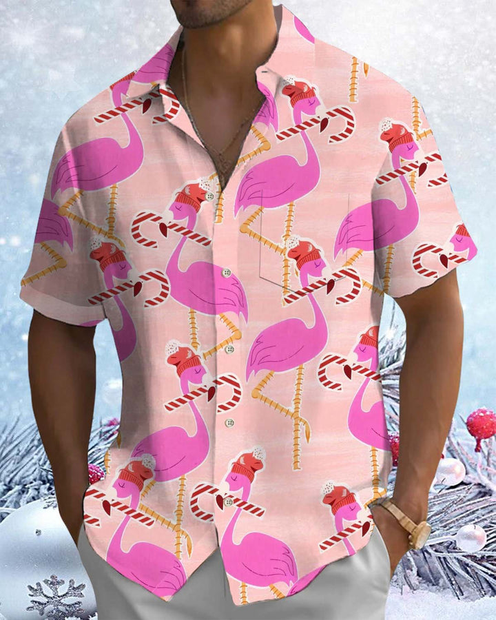 Alohadaddy® Men’s Short-Sleeve Button-Down Shirt Hawaiian-Style Christmas Flamingo Print with Pocket