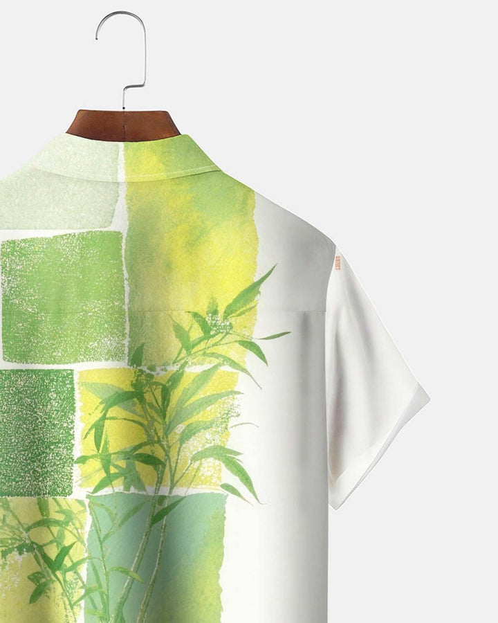 Alohadaddy® Men’s Short-Sleeve Button-Down Shirt  Green Bamboo Print, with Pocket