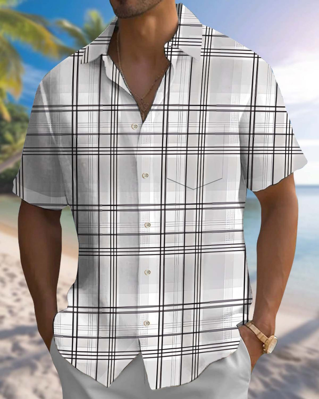 Alohadaddy® Men’s Short-Sleeve Button-Down Shirt  Casual Geometric Print with Pocket