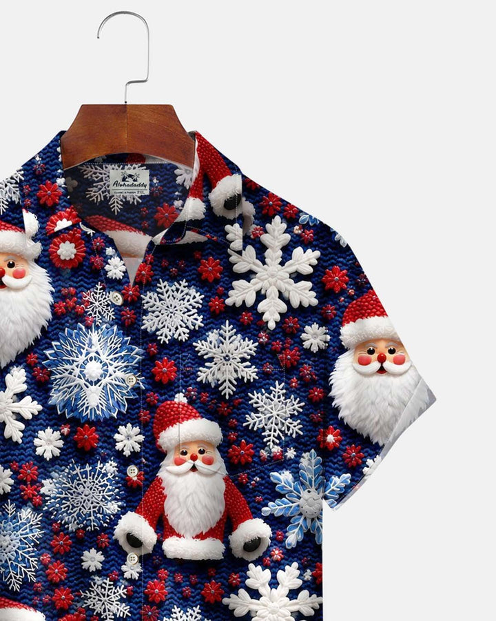 Alohadaddy® Holiday Men’s Short-Sleeve Button-Down Shirt with Santa Claus and Snowflake Print, Featuring Pockets
