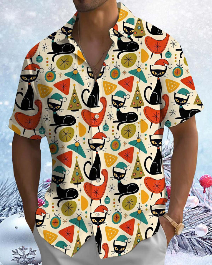 Alohadaddy® Vintage-Style Men’s Short-Sleeve Button-Down Shirt with Christmas Black Cat Print and Pocket