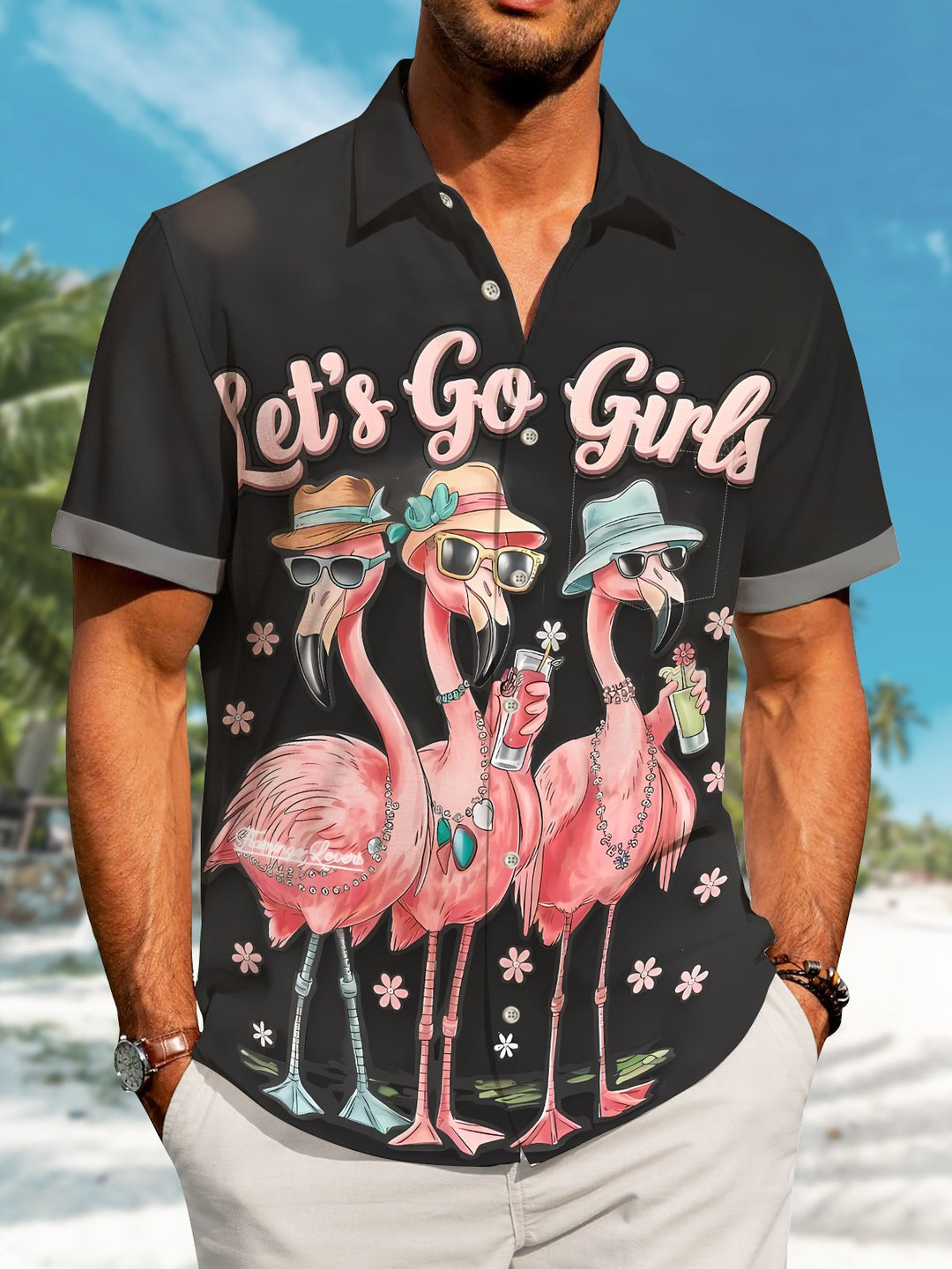 Alohadaddy Hawaiian Flamingo Print Art Pockets Buttons Elastic Large Size Men&
