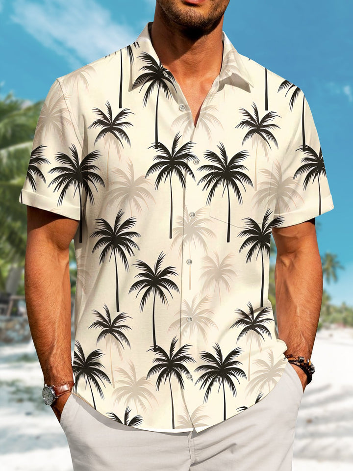 Alohadaddy Hawaiian Palm Trees Print Art Pocket Button Elastic Oversized Shirt