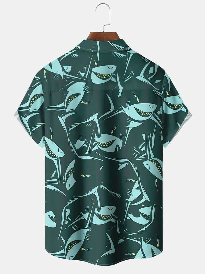Alohadaddy Hawaii Ocean Shark Print Art Pockets Buttons Stretch Oversized Shirt