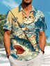 Alohadaddy Casual Ukiyo-e Cat Shark Print Art Pocket Button Elastic Oversized Shirt