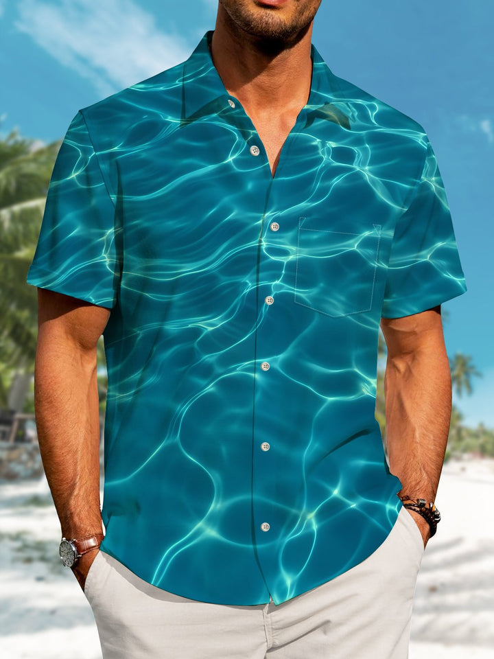 Alohadaddy Hawaiian Sea Water Print Art Pockets Buttons Stretch Large Size Shirt