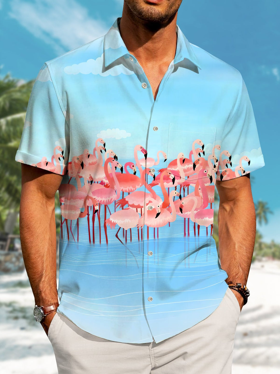 Alohadaddy Casual Hawaiian Flamingo Button Cardigan Pockets Stretch Oversized Short Sleeve Shirt