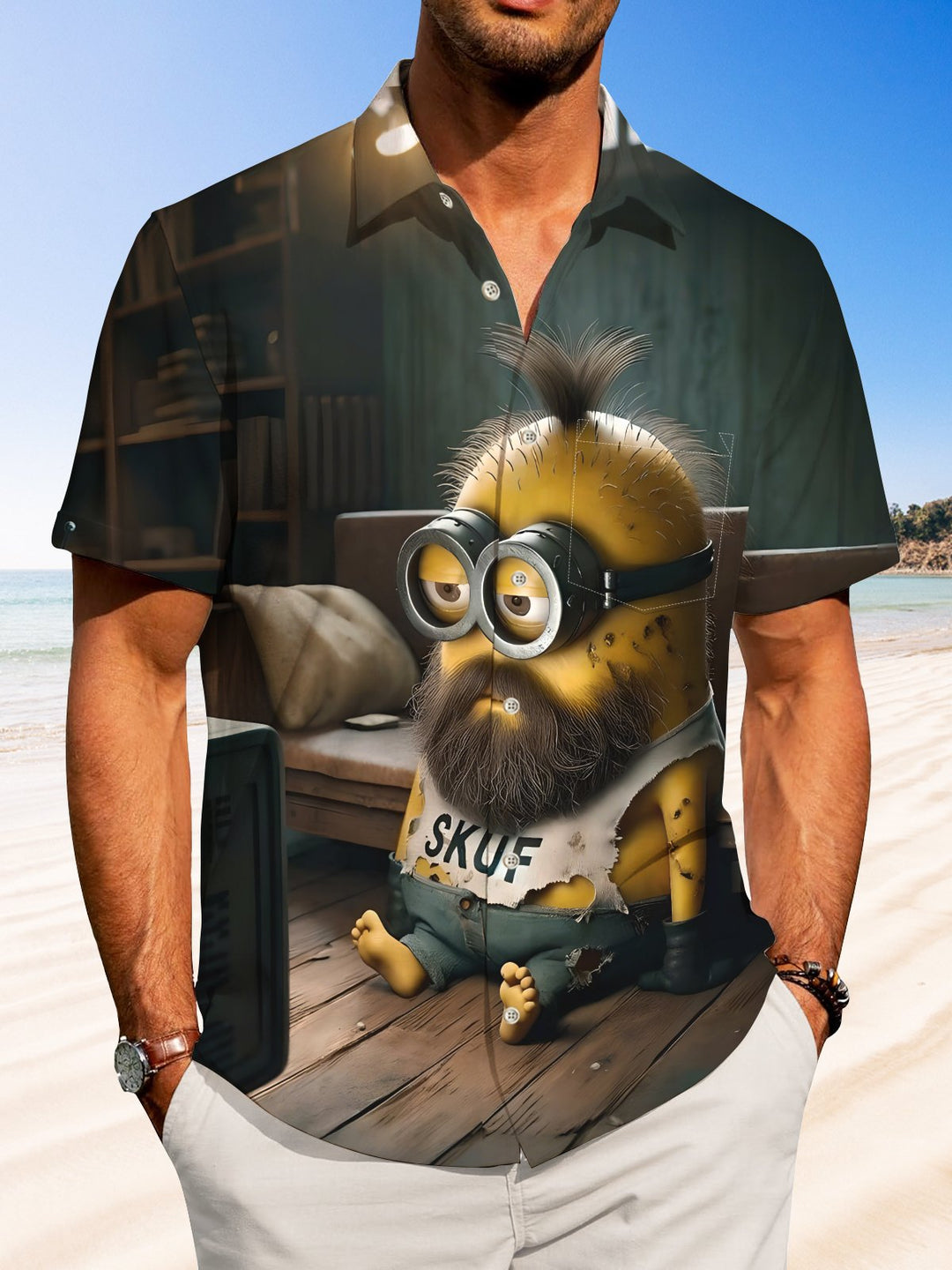 Alohadaddy Hawaiian Casual Minions Print Art Pocket Button Cardigan Stretch Large Size Short Sleeve Shirt
