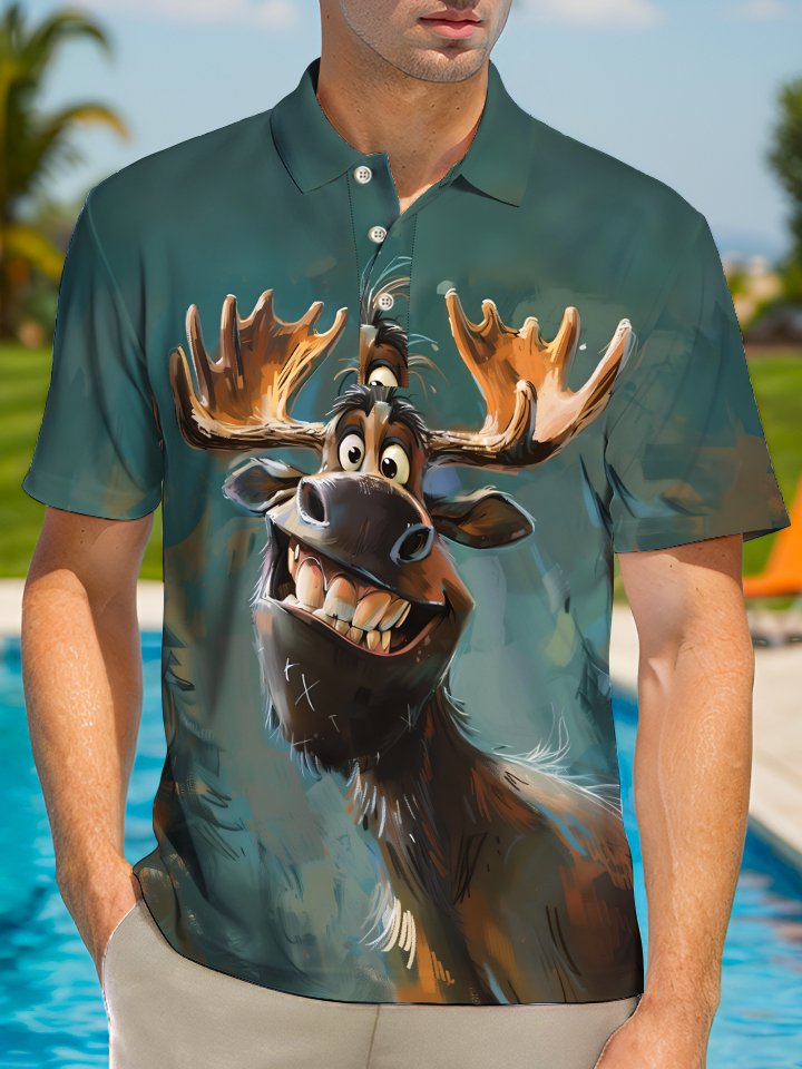 Alohadaddy Retro Series Elk Inkjet Button Pocket Elastic Large Size Short Sleeve Polo Shirt