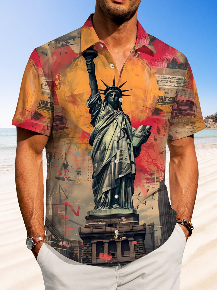 Alohadaddy Retro Casual Statue of Liberty Print Art Buttons Pockets Elastic Large Size Short Sleeve Shirt
