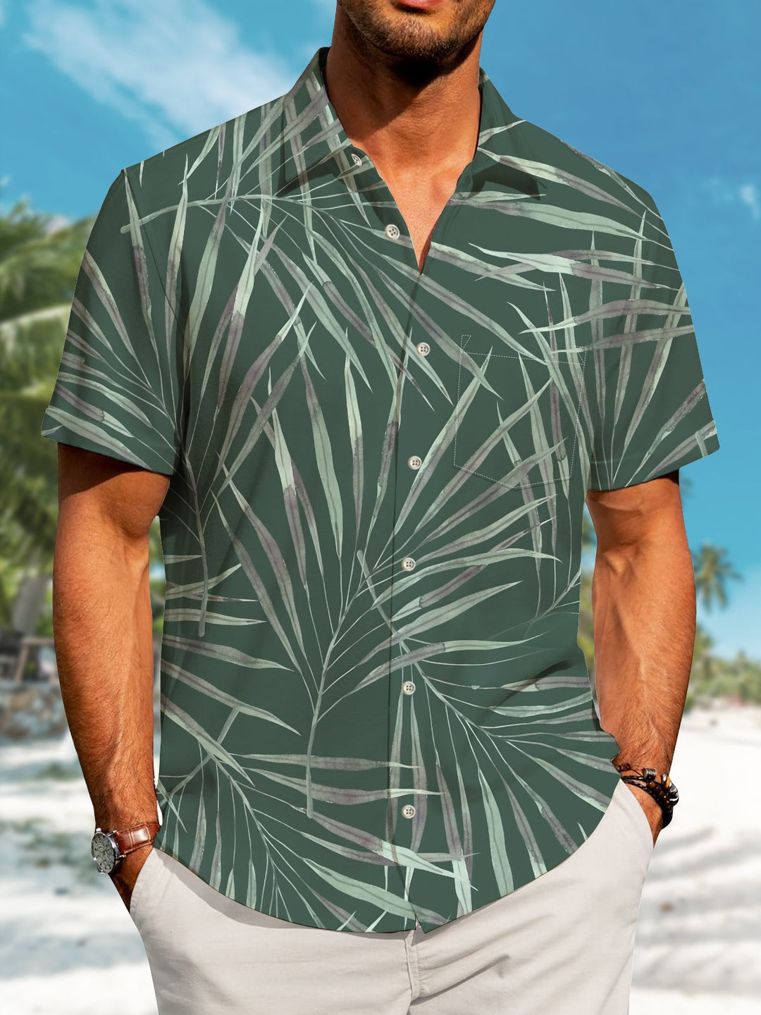 Alohadaddy Hawaiian Palm Leaf Art Print Button Cardigan Pocket Stretch Large Size Long Short Sleeve Shirt