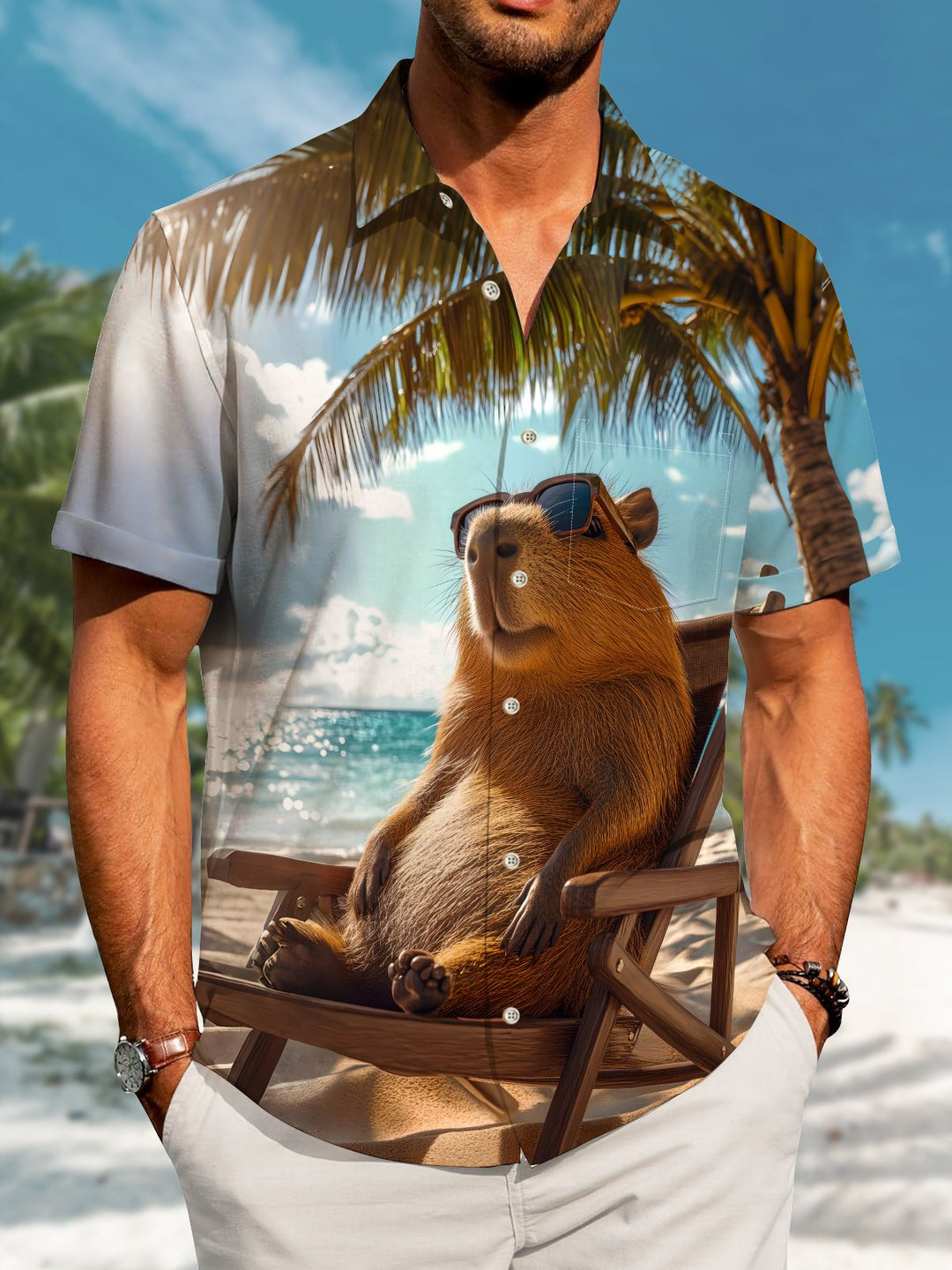 Alohadaddy Hawaiian Casual Palm Trees Animals Painting Art Buttons Cardigan Pockets Large Size Long Polyester Short Sleeve Shirt