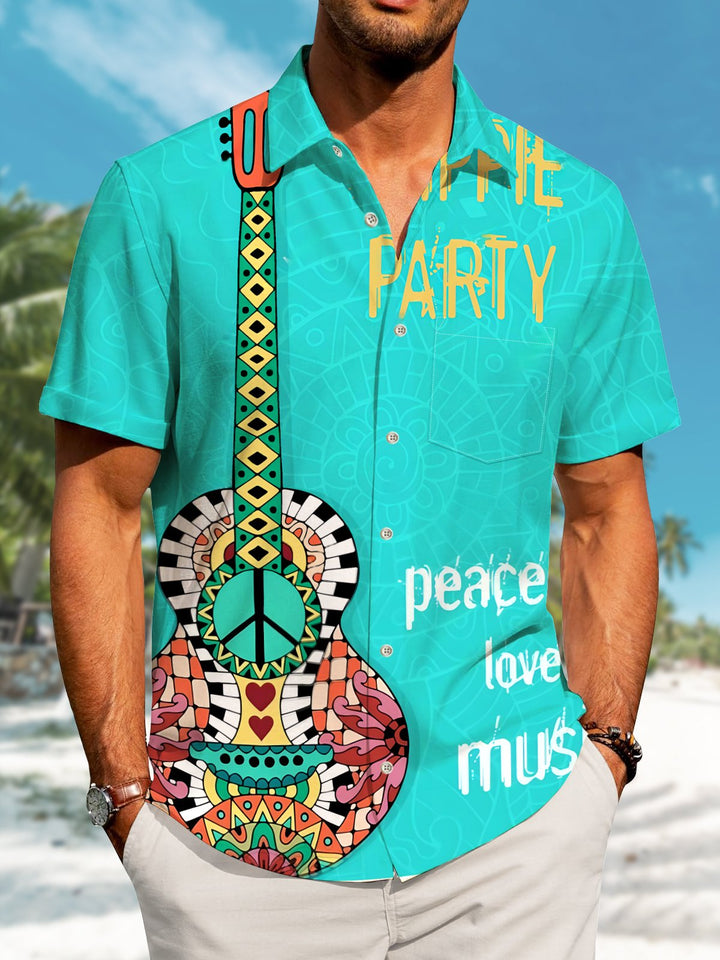 Alohadaddy Casual Collection Music Guitar Party Print Art Button Cardigan Pocket Elastic Oversized Short Sleeve Shirt