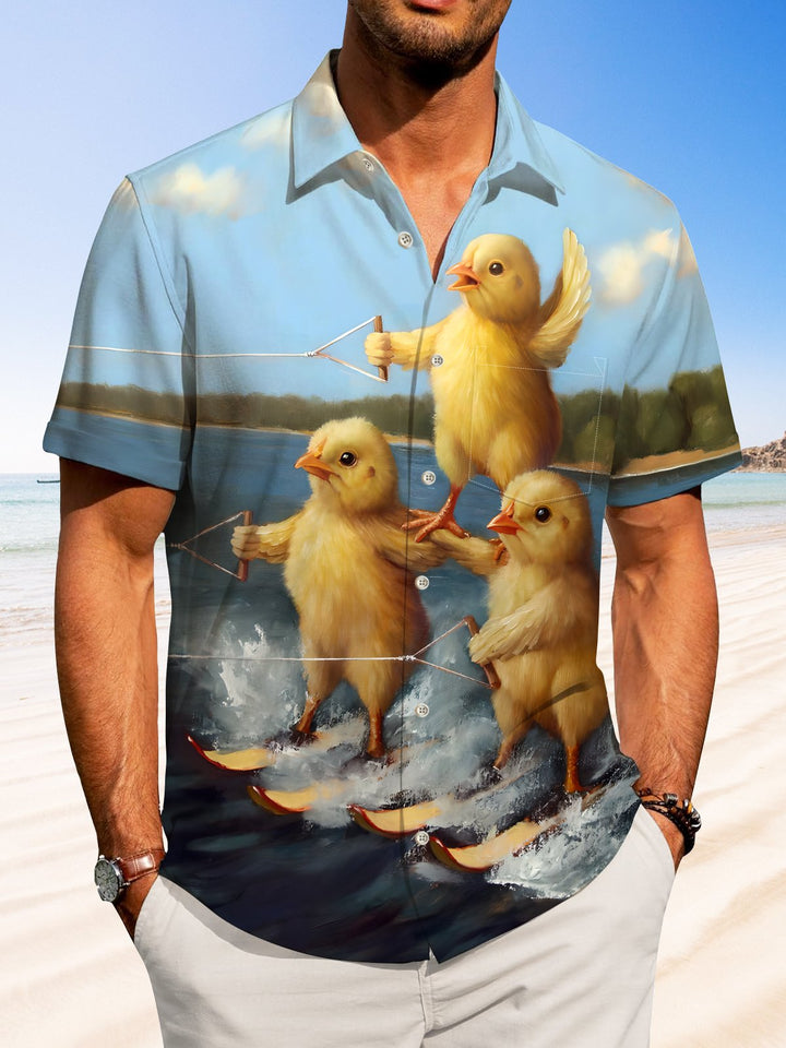 Alohadaddy Hawaiian Little Yellow Chicken Surfing Art Button Cardigan Pocket Elastic Large Size Long Short Sleeve Shirt