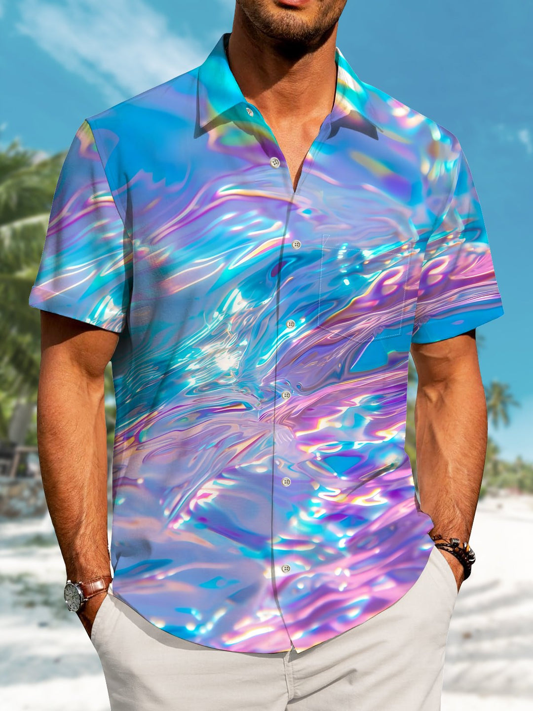 Alohadaddy Hawaiian Water Pattern Abstract Art Print Art Button Cardigan Pocket Elasticity Long Large Size Short Sleeve Shirt