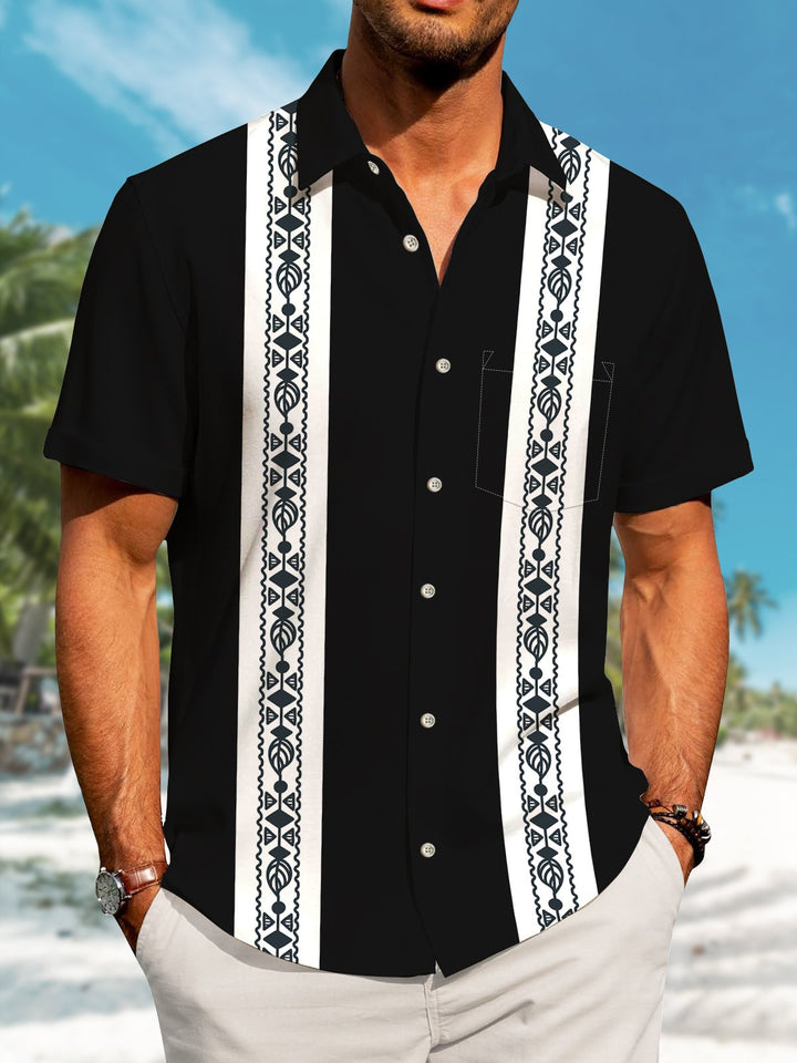 Alohadaddy Casual Contrast Stripes Print Art Button Cardigan Pockets Stretch Oversized Long Short Sleeve Shirt