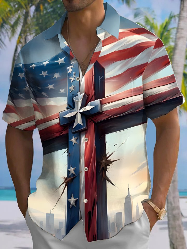 Alohadaddy Holiday Collection American Flag Cross Print Art Button Pocket Cardigan Stretch Oversized Short Sleeve Shirt