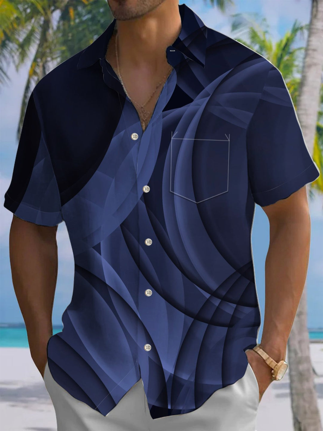 Alohadaddy® Casual Geometric Art Print Chest Pocket Men&