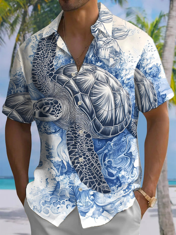 Alohadaddy® Hawaiian Turtle Art Print Chest Pocket Mens Short Sleeve Shirts Big &amp; Tall