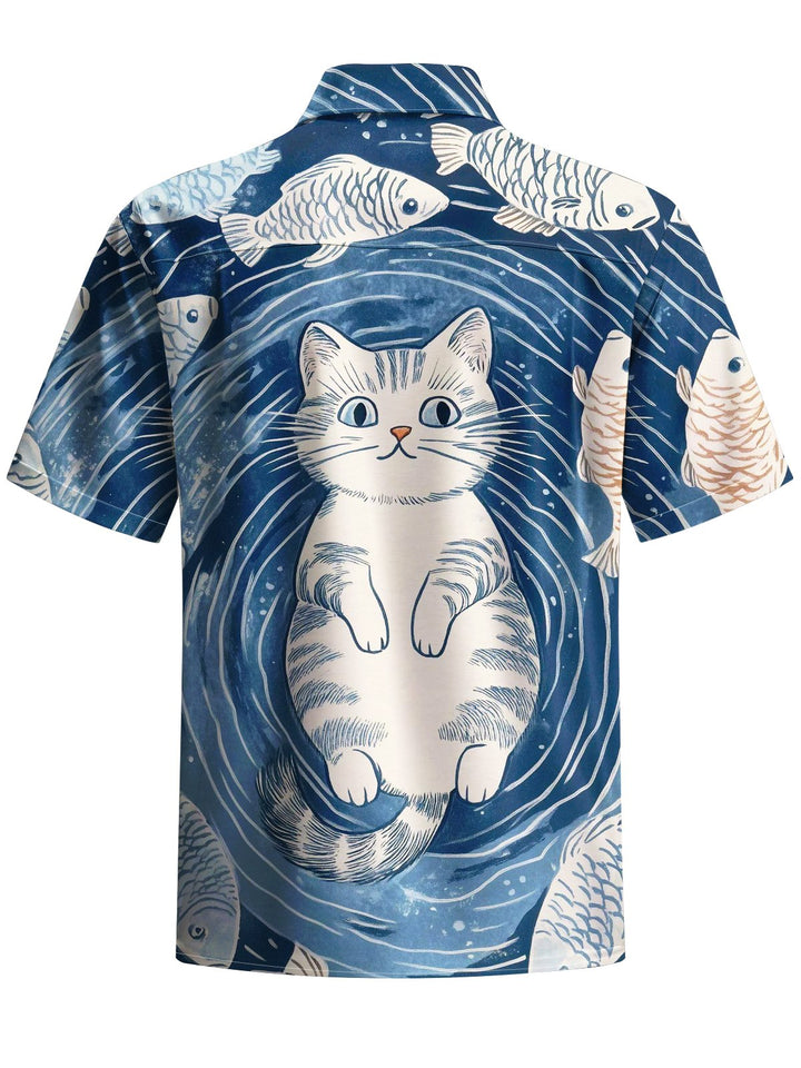 Alohadaddy® Casual Ukiyo-e Cat Print Art Chest Pocket Men Short Sleeve Shirt Big &amp; Tall