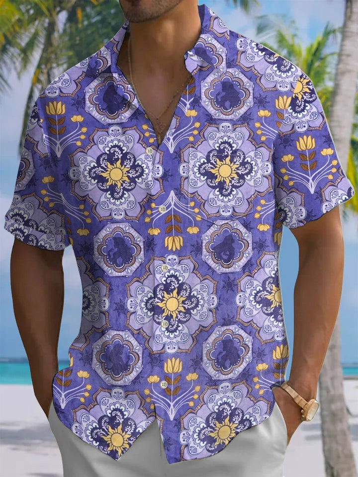 Alohadaddy® Vintage Ethnic Pattern Print Art Chest Pocket Men Short Sleeve Shirt Big &amp; Tall