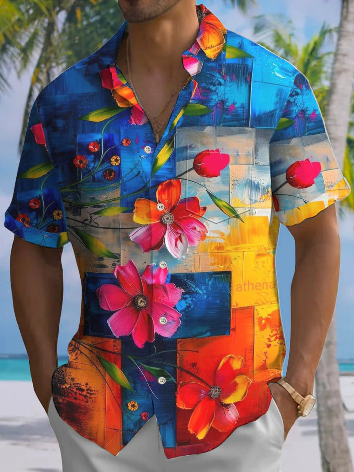 Alohadaddy® Vintage Geometric Flower Art Print Chest Pocket Men&