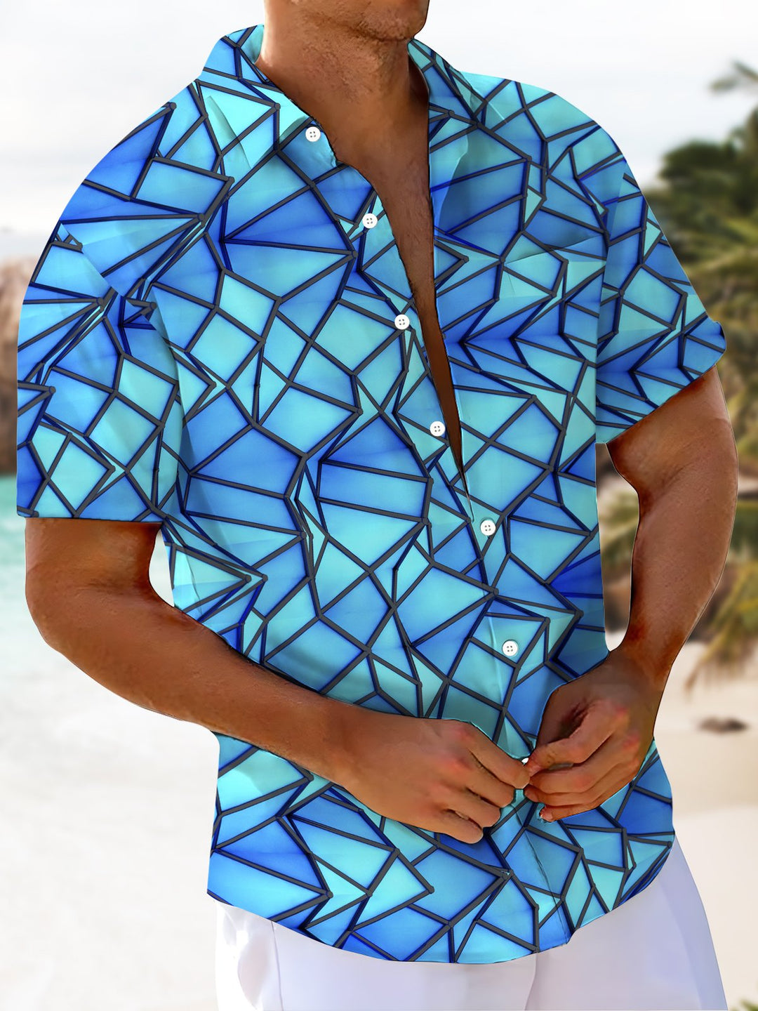 Alohadaddy® Casual Geometric Art Print Chest Pocket Men&