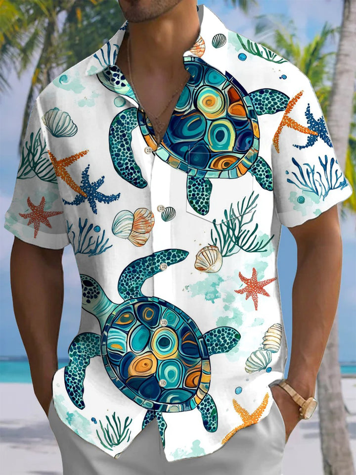Alohadaddy® Casual Hawaiian Turtle Art Print Chest Pocket Men&