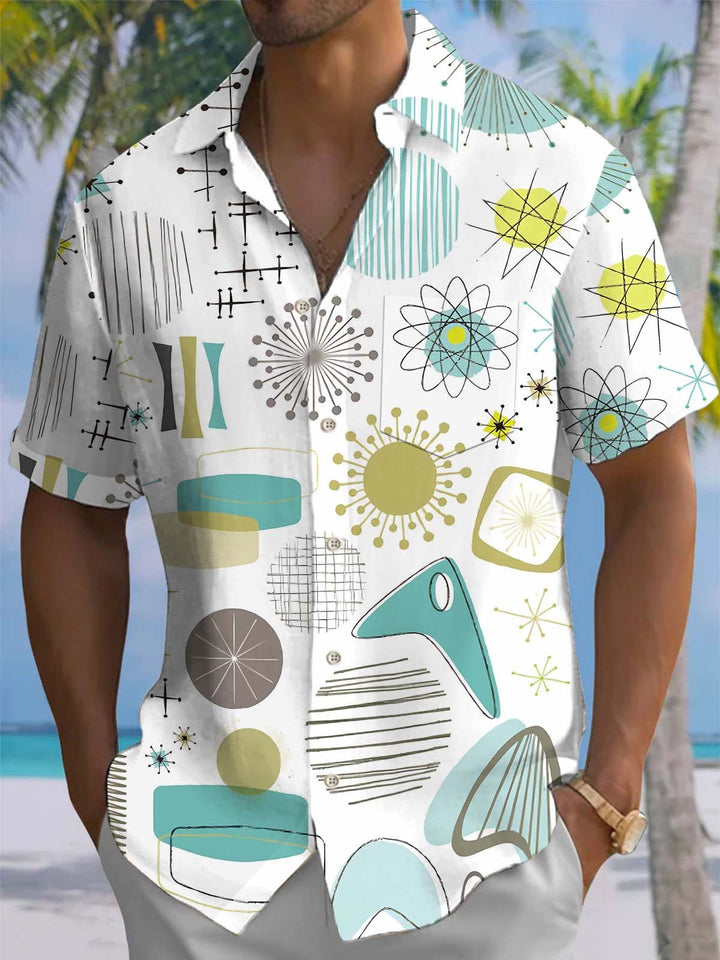 Alohadaddy® Casual Geometric Art Print Chest Pocket Stretch Men&