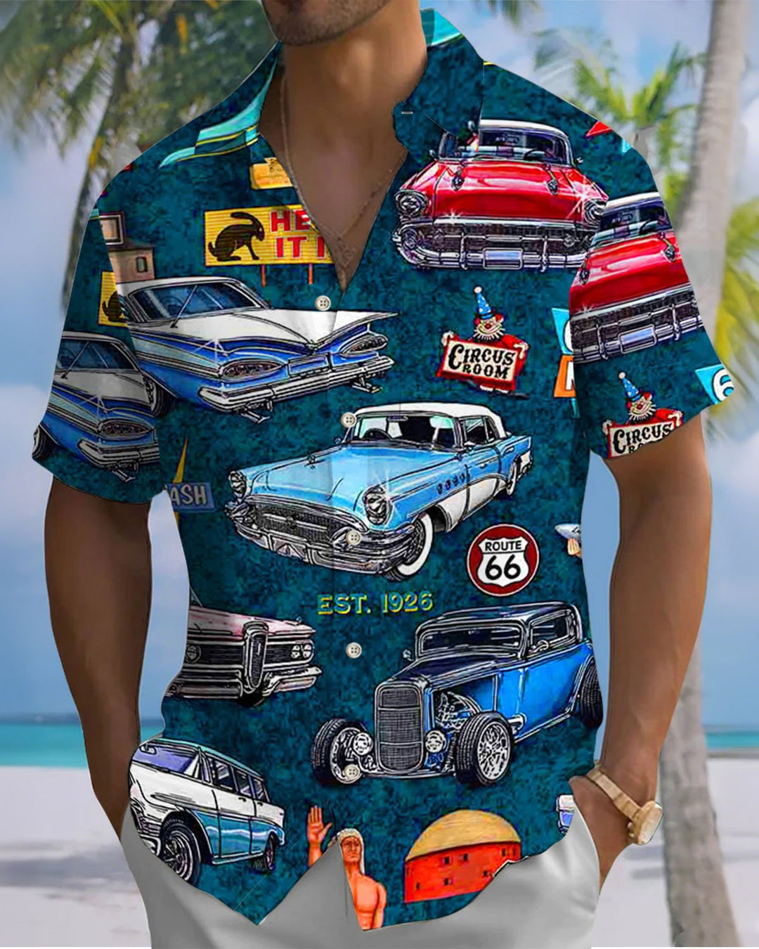 Alohadaddy® Vintage Route 66 Classic Car Art Print Stretch Button Pocket Men&