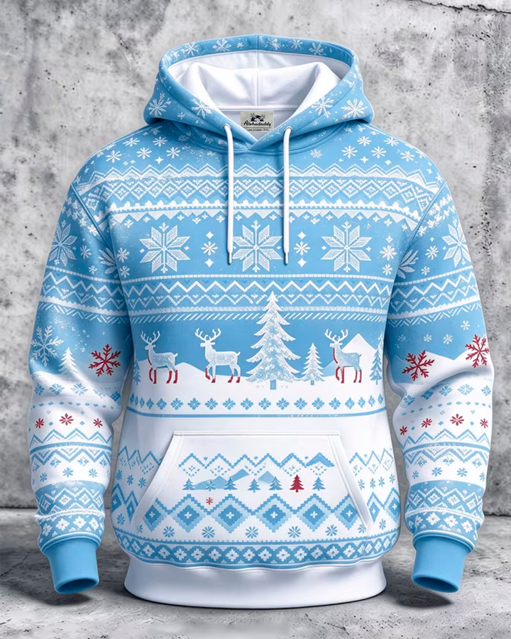 Alohadaddy® Men’s Holiday Christmas  Snowflake Reindeer Nordic Retro Print Pullover Hoodie