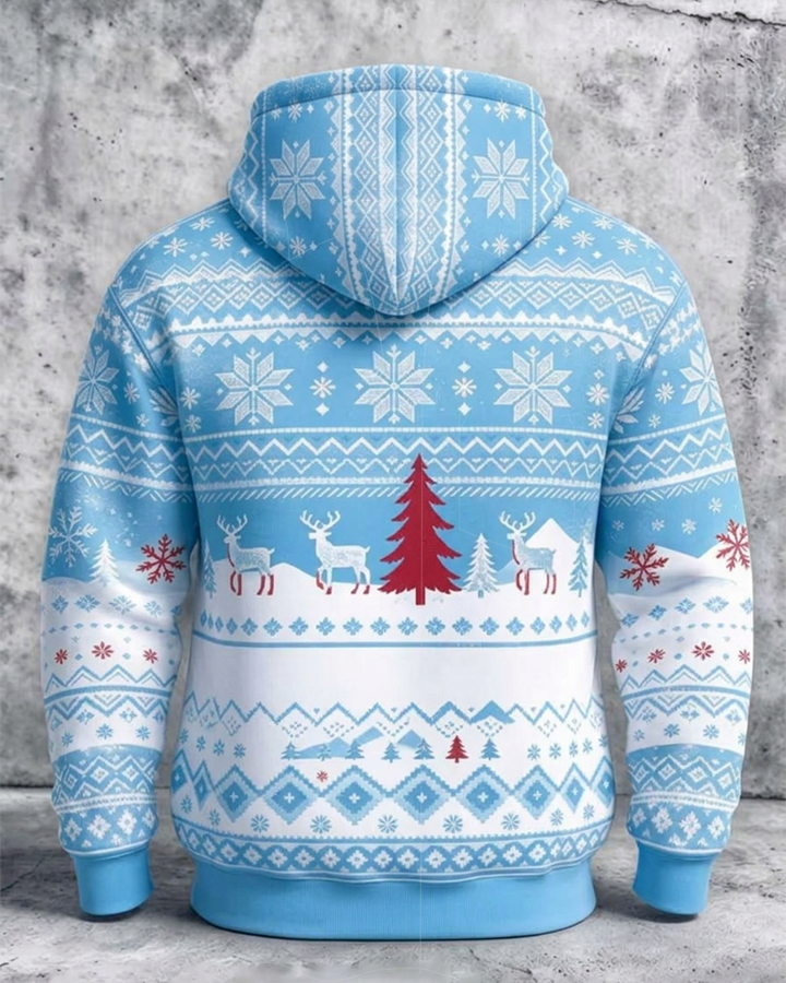 Alohadaddy® Men’s Holiday Christmas  Snowflake Reindeer Nordic Retro Print Pullover Hoodie