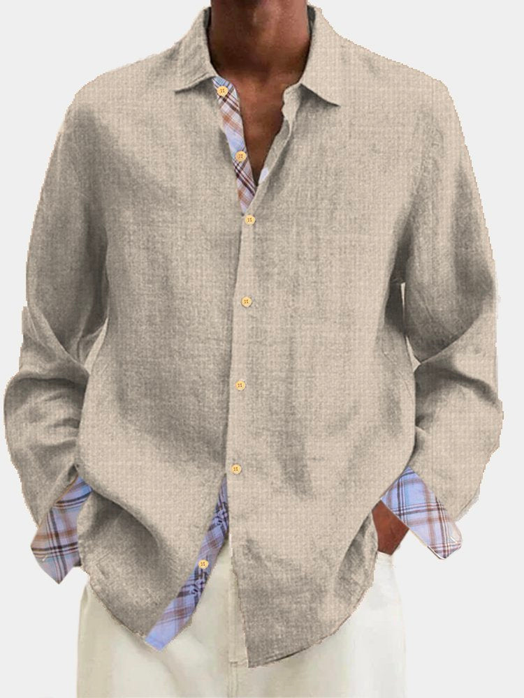 Chemise hawaïenne à manches longues et boutons en coton et lin pour homme avec empiècement à carreaux