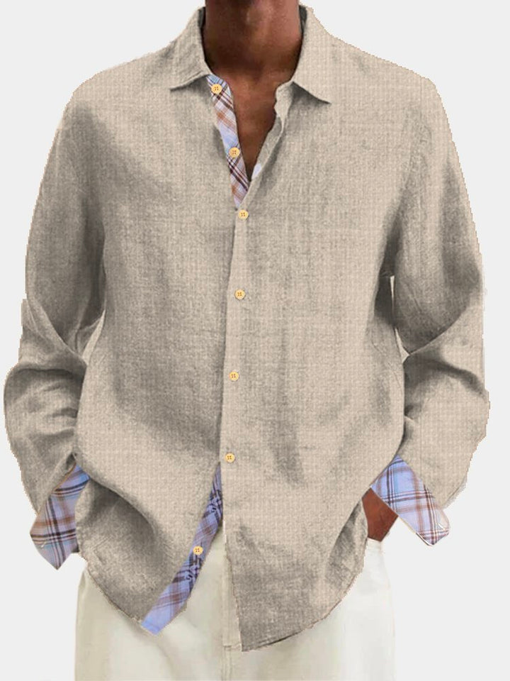Chemise hawaïenne à manches longues et boutons en coton et lin pour homme avec empiècement à carreaux