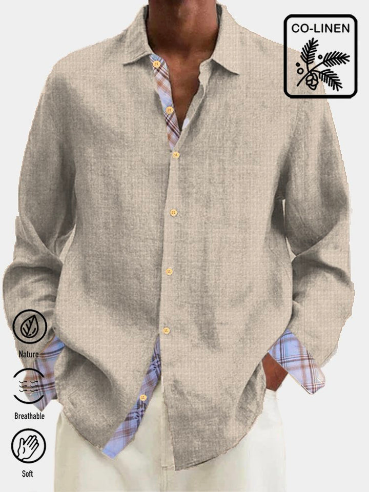Chemise hawaïenne à manches longues et boutons en coton et lin pour homme avec empiècement à carreaux