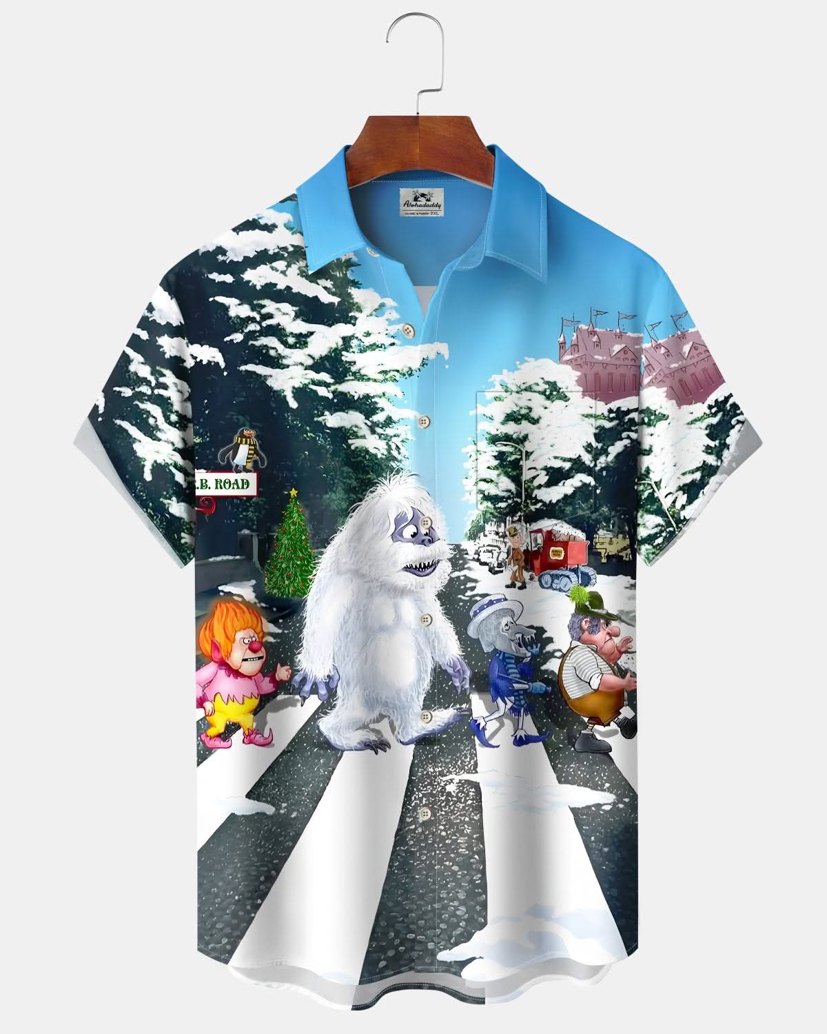 Alohadaddy® Christmas Fun Cartoon Snowman Crossing the Street Pocket Short-Sleeve Shirt