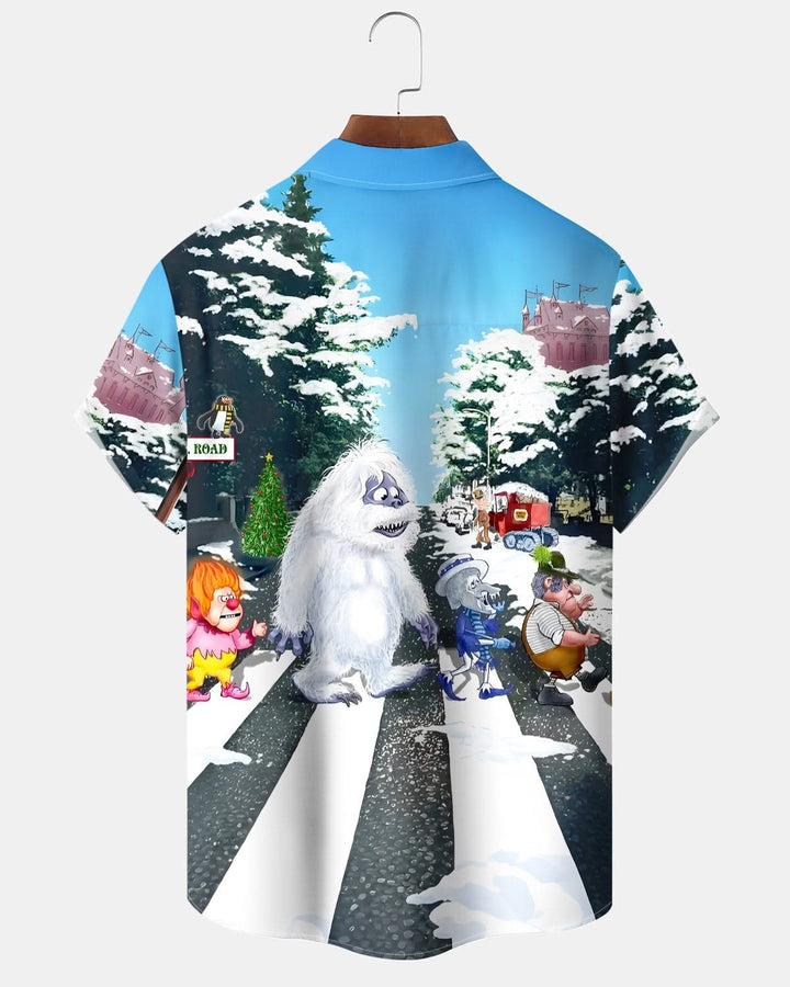 Alohadaddy® Christmas Fun Cartoon Snowman Crossing the Street Pocket Short-Sleeve Shirt