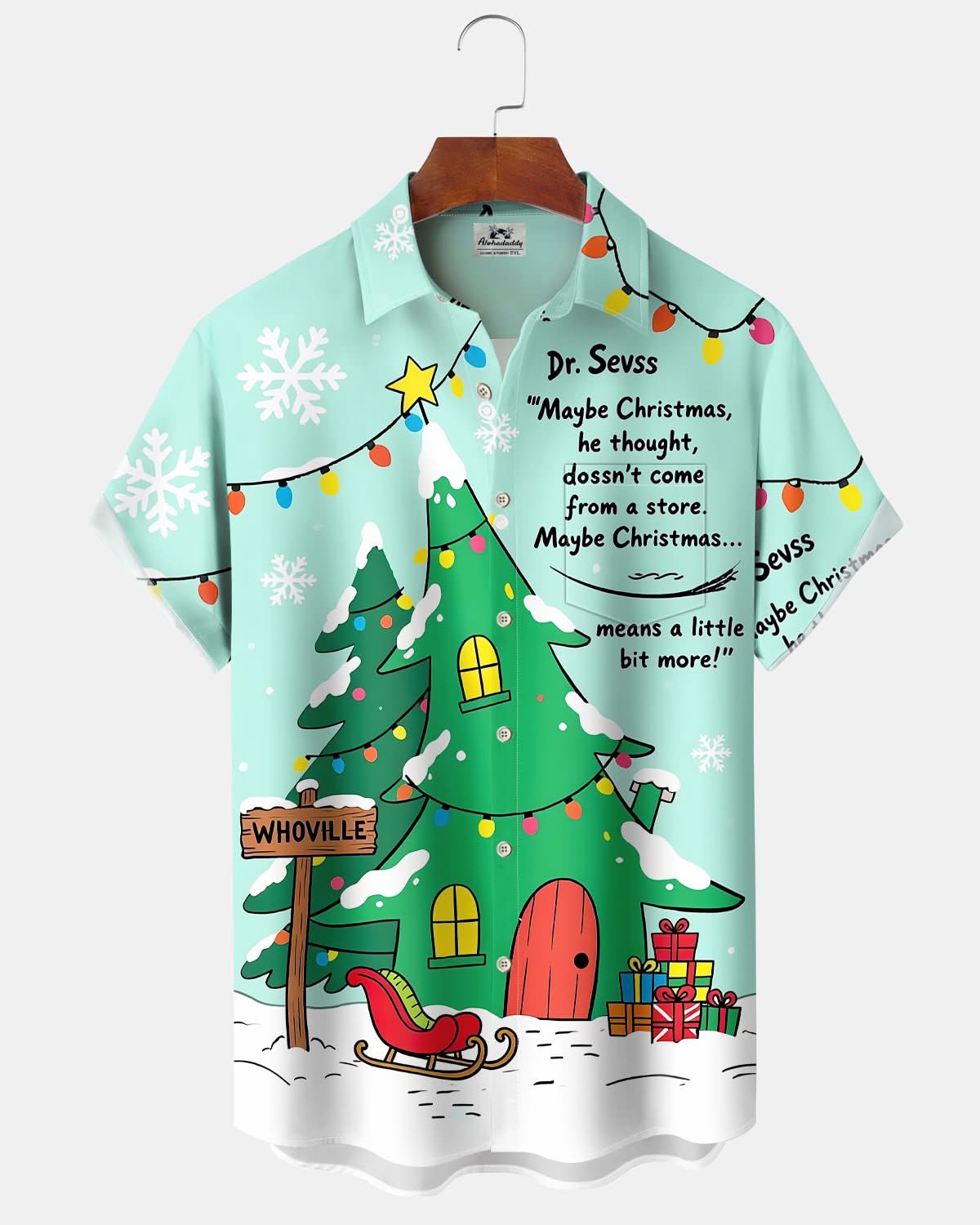 Alohadaddy® Christmas Tree Print Men's Button-Down Lapel Pocket Short Sleeve Shirt Big & Tall