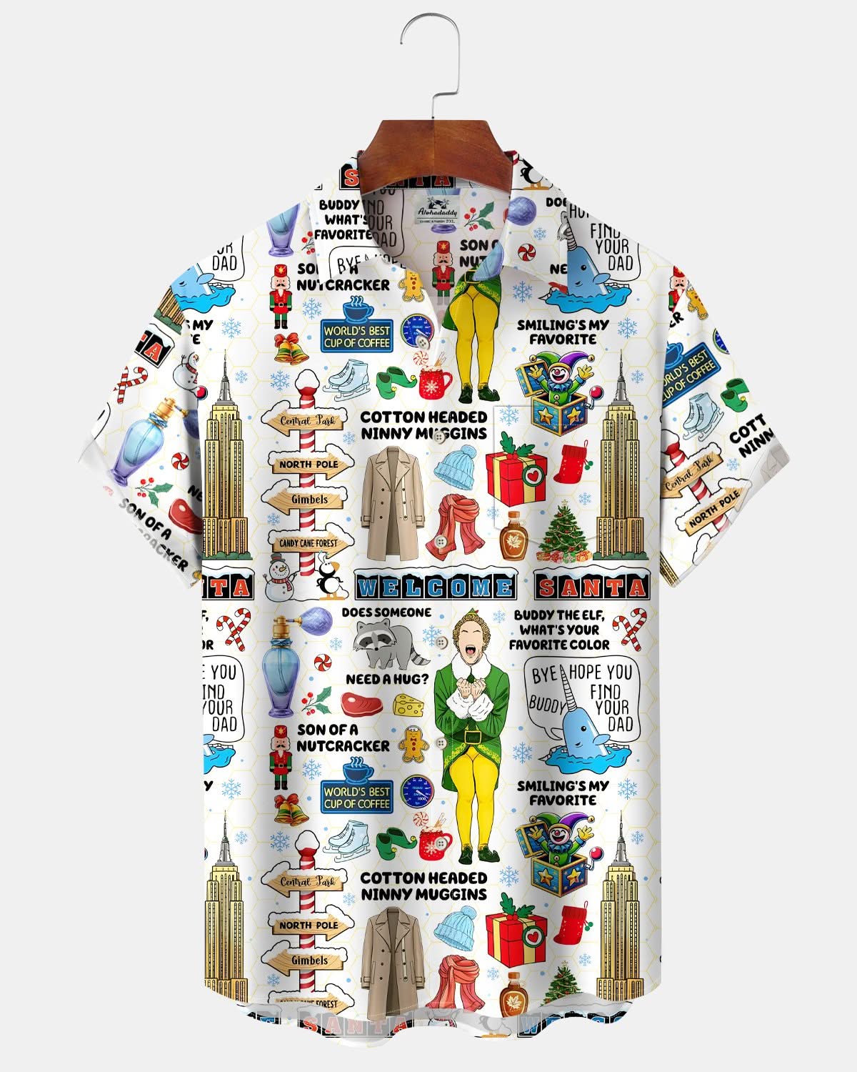 Alohadaddy® Christmas Cartoon Fun Print Men's Button Pocket Short Sleeve Shirt